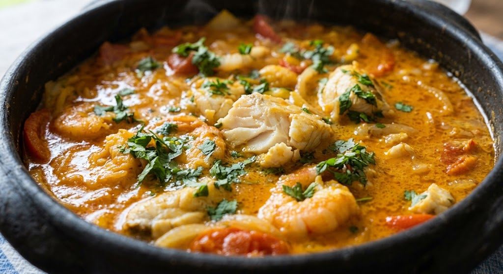 Orange seafood stew with shrimp and herbs in a black stone pot